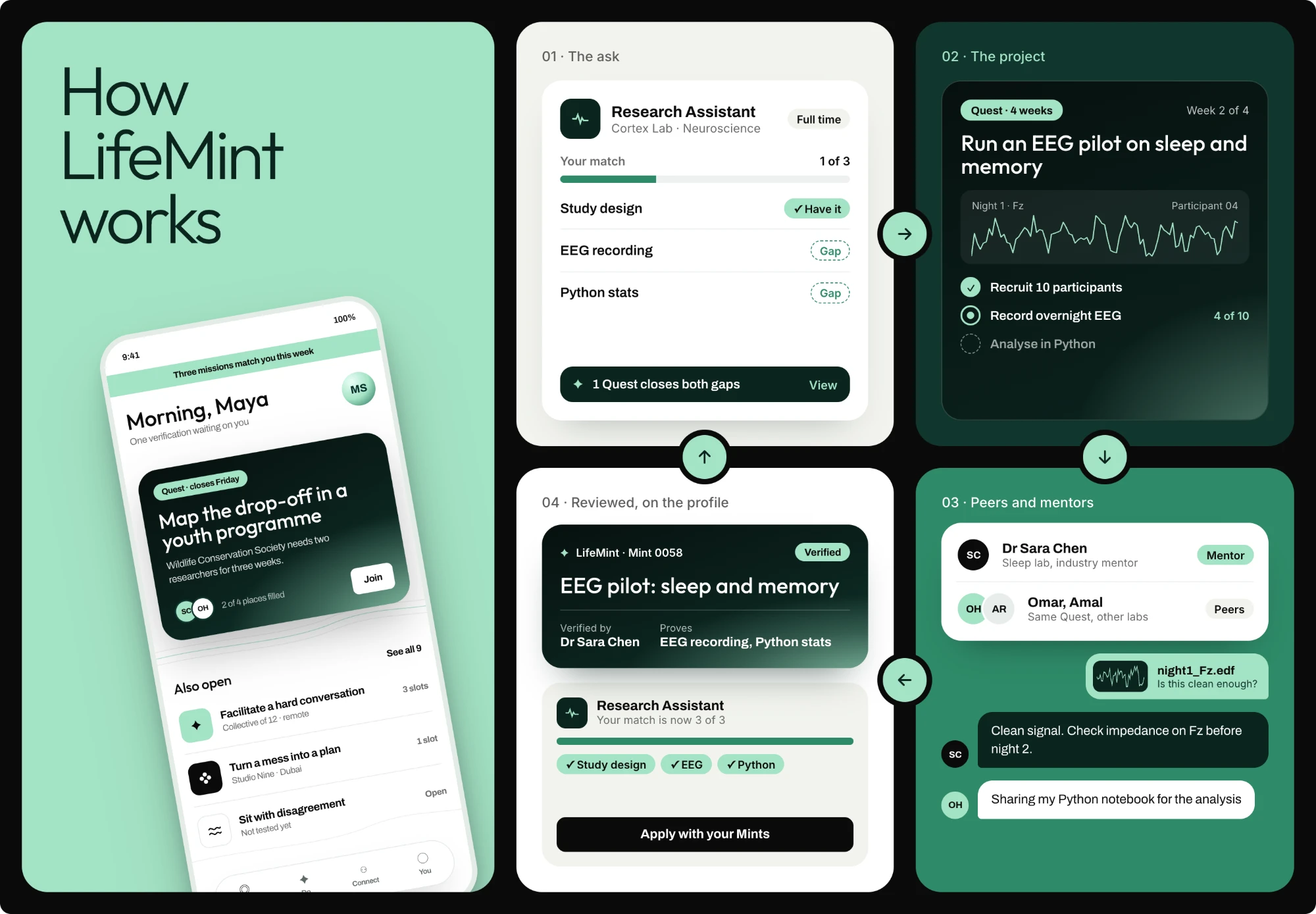 How LifeMint works: the ask, the project, peers and mentors, reviewed on the profile